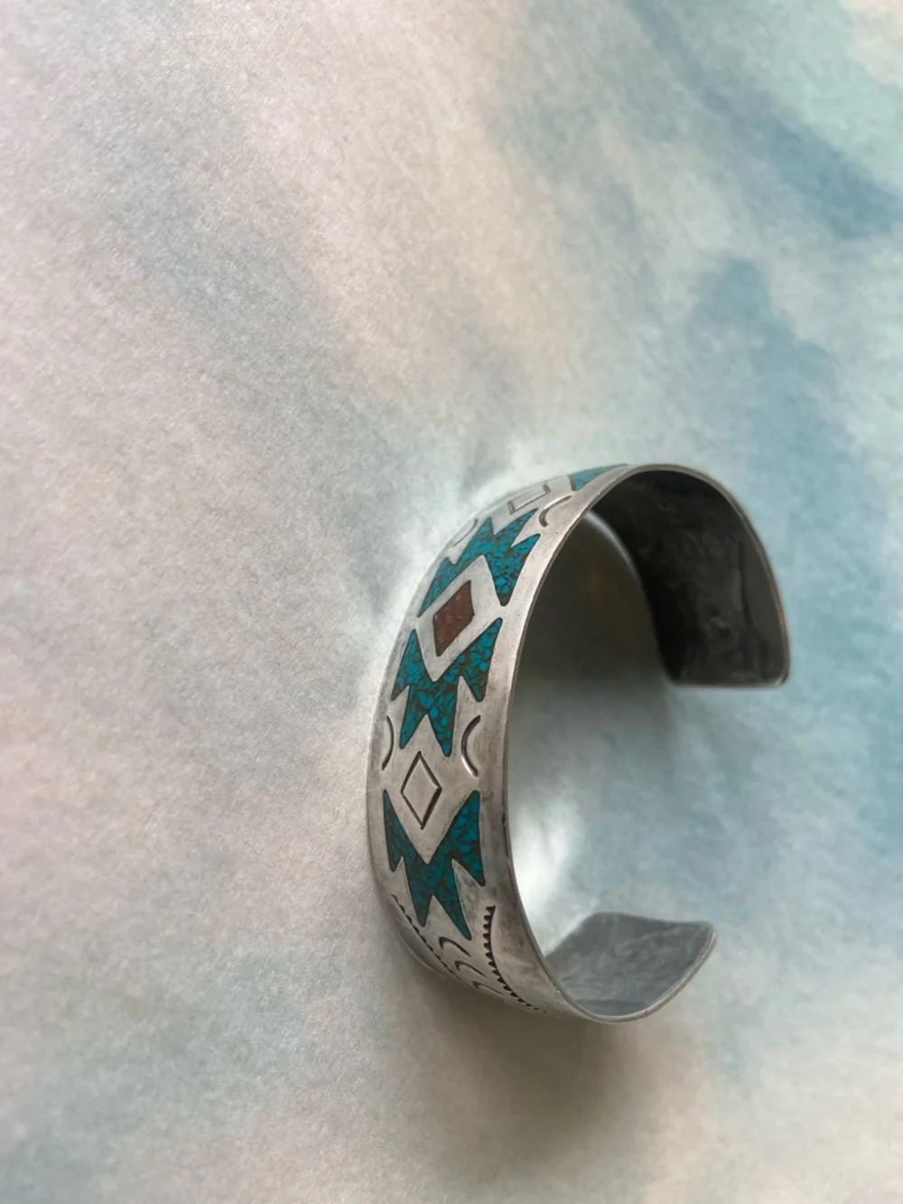 Turquoise and Corral Inlay Sterling Silver Cuff Bracelet, Native American - Picture 8 of 14